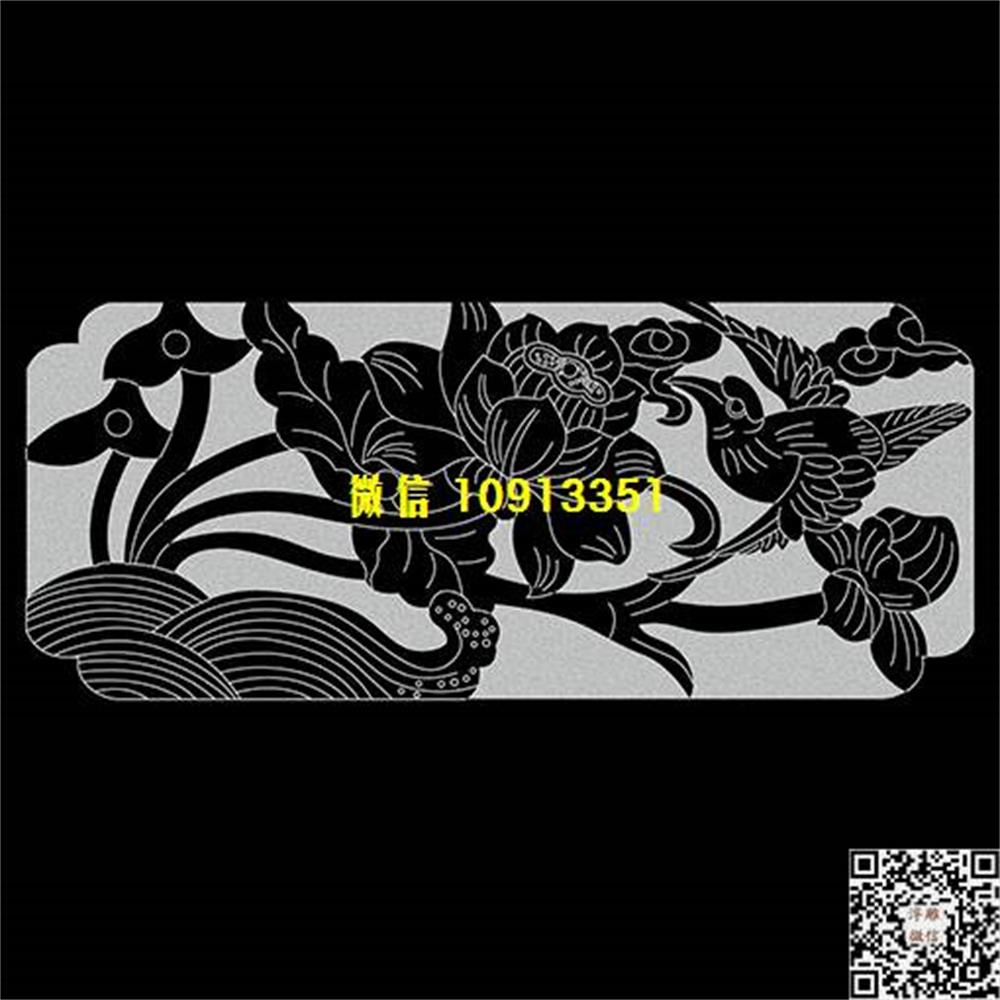 精雕图247荷花鸟栏板精雕图线雕图线条图单线铣底图_电脑雕刻plt文泰矢量图精雕图浮雕图